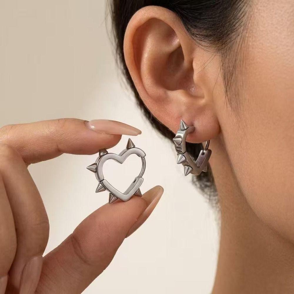 Geometric Design Heart Hoop Earrings Silver Color Rivet Earrings Cool Piercing Earrings  For Women