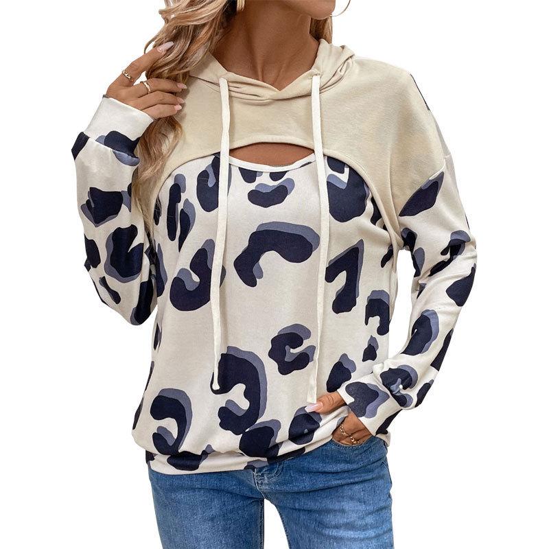 2026 New European & American Leopard Print Patchwork Hollow Two-Piece Hooded Sweatshirt for Women