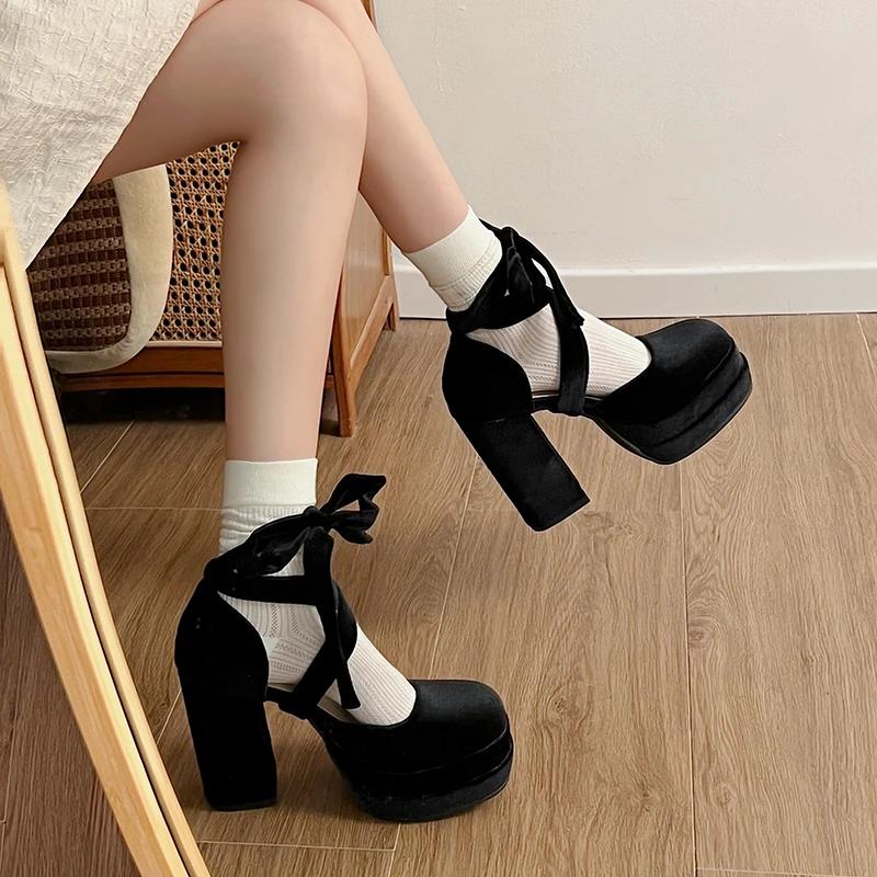 Модные туфли AJGS на платформе для женщин, туфли Мэри Джейн, женская модная обувь на толстом высоком каблуке с перекрестными шнурками, женские элегантные туфли-лодочки
