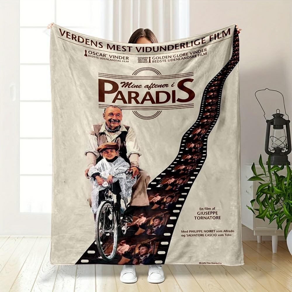 Elderly man and boy on bike with filmstrip design. Flannel blanket for bedroom, living room, sofa, and nap.