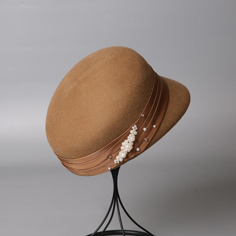 Hepburn style pleated satin bead string wool top hat women's winter fashion versatile concave top basin hat temperament trendy top hat
