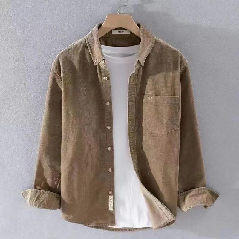 Spring Autumn Style Long Sleeve Casual Trend Corduroy Shirt Men Long Sleeved Retro Small Standing Collar Casual Shirt Men Coat