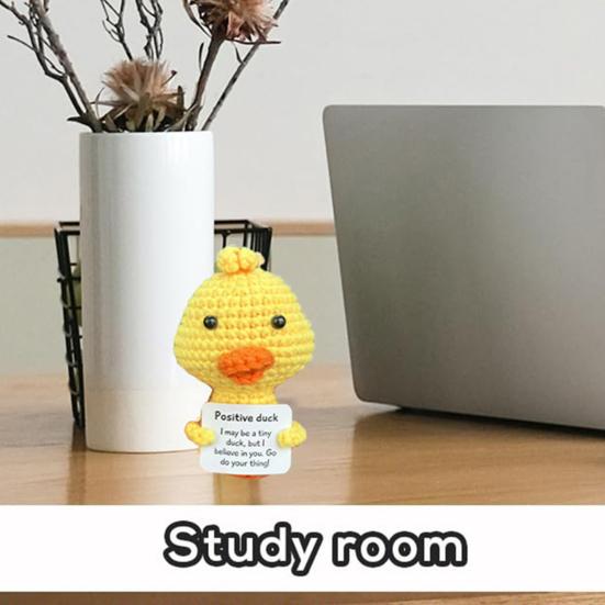 Positive Crochet Yellow Duck Doll with Encouraging Card Emotional Support Handmade Knitting Animal Decoration Ornament Kids Adults Stress Relief Toy
