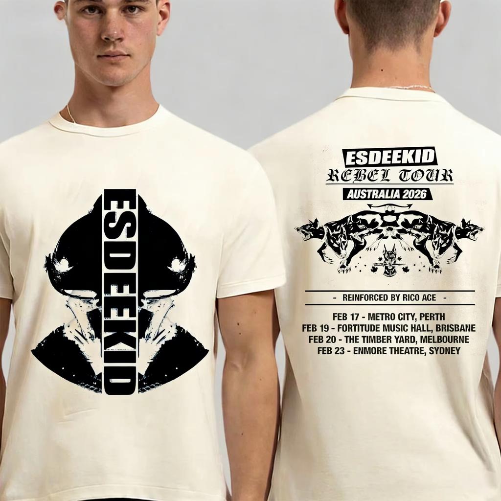 Горячая футболка Esdeekid The Rebel Tour Австралия 2026 Унисекс Хип-хоп Y2K Готический Хип-хоп Уличная одежда Футболка Дышащая Уличная одежда С коротким рукавом Повседневные футболки