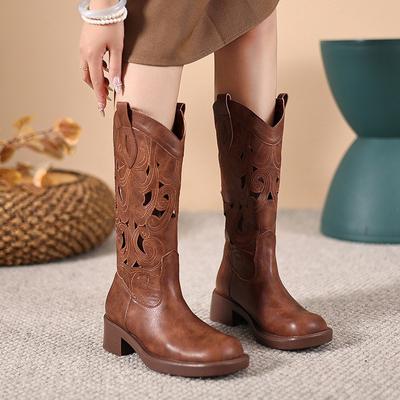 Женские ковбойские сапоги с полой вышивкой на мягкой подошве, новые летние сапоги в ретро-стиле для пустыни, коричневые сапоги средней высоты