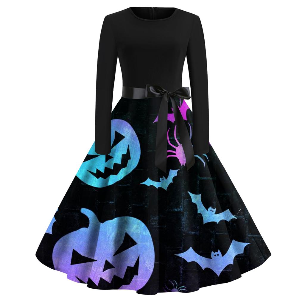 Женское расклешенное платье с принтом на Хэллоуин для женщин, платье с длинным рукавом, вечерние повседневные платья