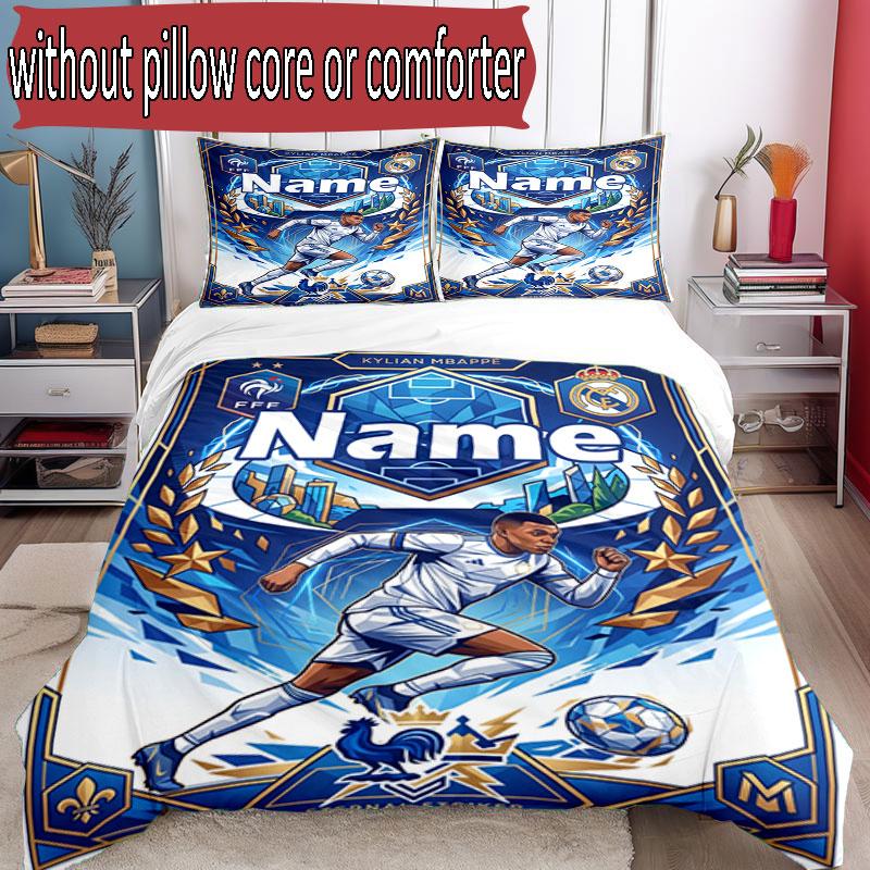 3pcs Duvet Cover Set (1*Duvet Cover + 2*Pillowcase, Without Core), Custom Name Kylian Mbappe Pattern Bedding Set, Home Bedroom Decor Gift