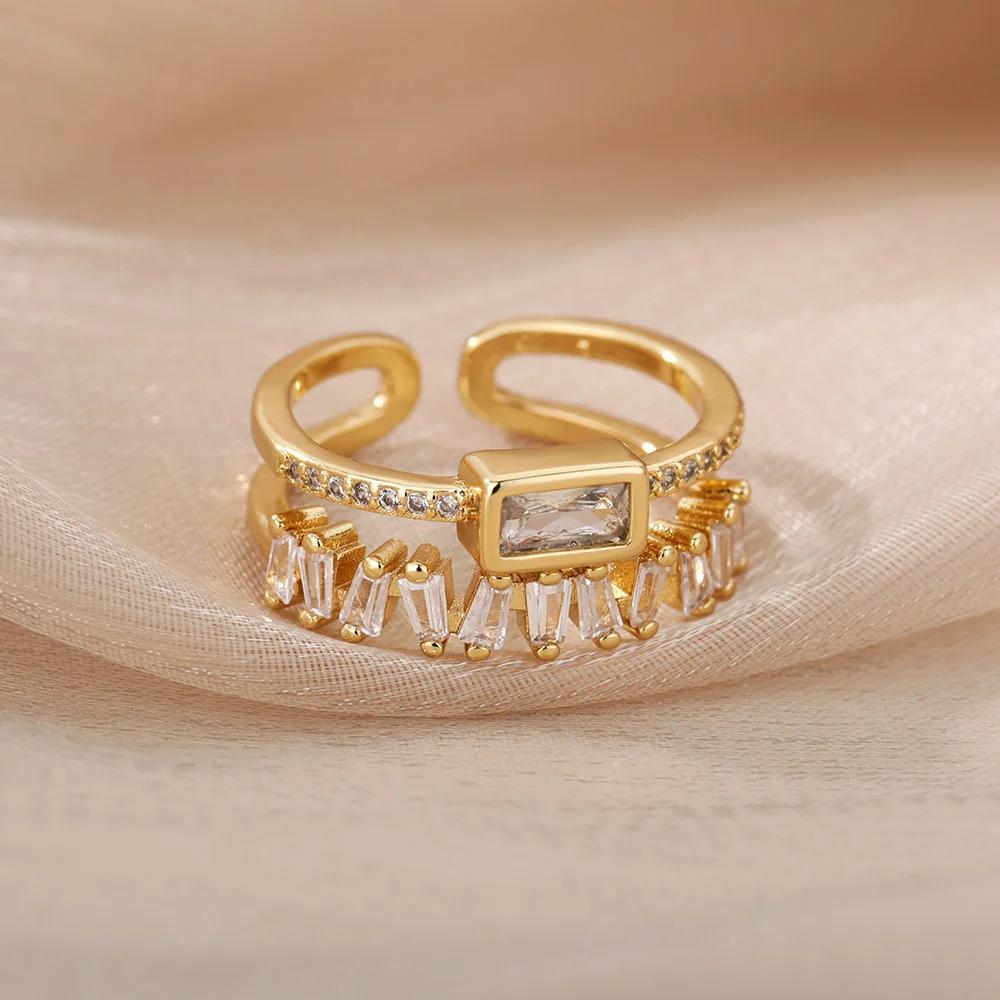Luxury Green Crystal Double Layer Rings for Women Charm Gold Color Stainless Steel Zircon Wedding Bride Jewelry Accessories Gift