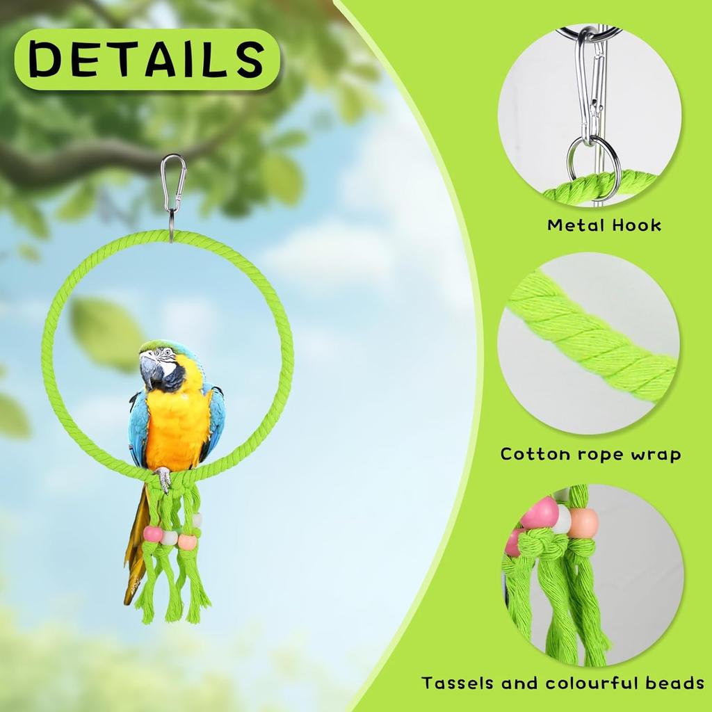 Bird Swing, 20 CM Diameter Hanging Parrot Swing with Colourful Beads, Swing Parrot Toys Cotton Rope Ring Bird Cage Toys for Budgie, Cockatiel,