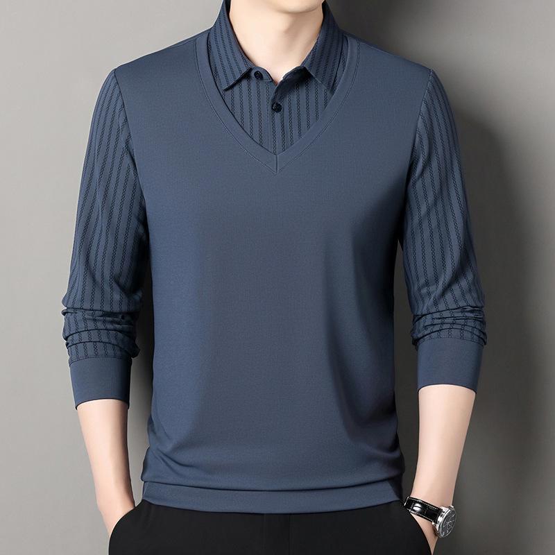 Поддельный двухсекционный трикотажный свитер, деловая повседневная футболка, свободная мужская рубашка-поло с длинными рукавами, базовая модель