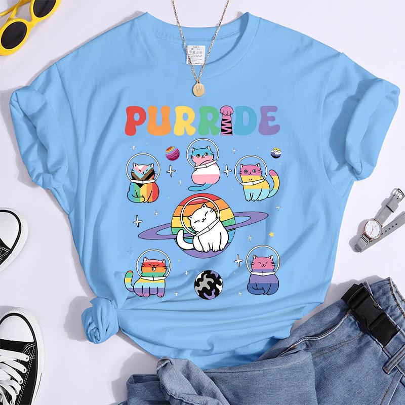 Fun Cat Print LGBT T Shirts Lesbian Girl Bisexual Streetwear Short Sleeve GAY Y2K Tops Crewneck Women Fashion Retro Tshirts