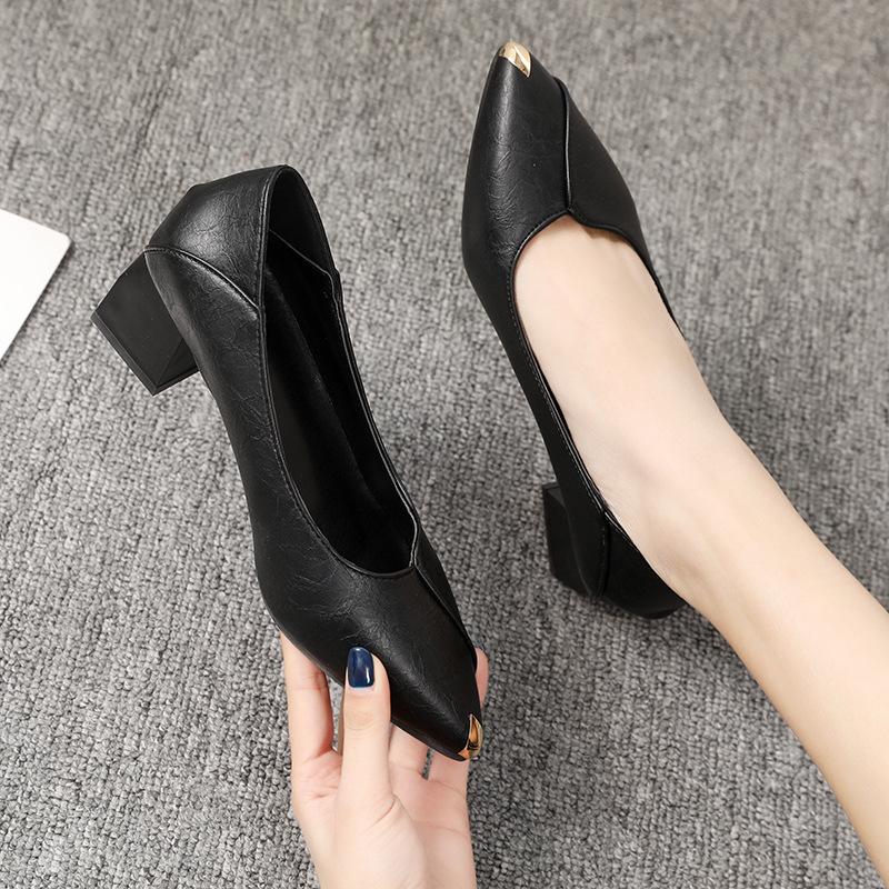 High-heeled Shoes Women's Thick Heels Spring and Summer Korean Version Joker Pointed Shoes Middle School Shoes with Work Shoes