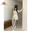 Spring Summer Korean Style Gentle Sweet Off-shoulder Long Sleeve Dress Waist Lace-up Multi-layer Ruffled Short Dress