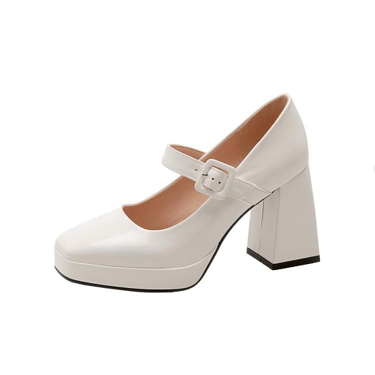 Женские туфли-лодочки на толстом высоком каблуке с квадратным носком, вечерние лаконичные весенне-осенние туфли Мэри Джейн с пряжкой, черные, белые, красные, винно-красные, Be