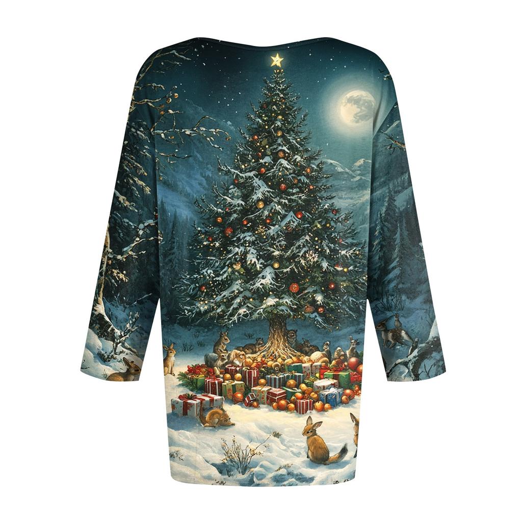 Женская мода повседневная три четверти рукава рождественский принт круглый вырез пуловер топ