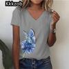 Простая графическая печать свободного покроя женская трендовая одежда новая женская футболка модная рубашка с коротким рукавом женская блузка с V-образным вырезом 2025