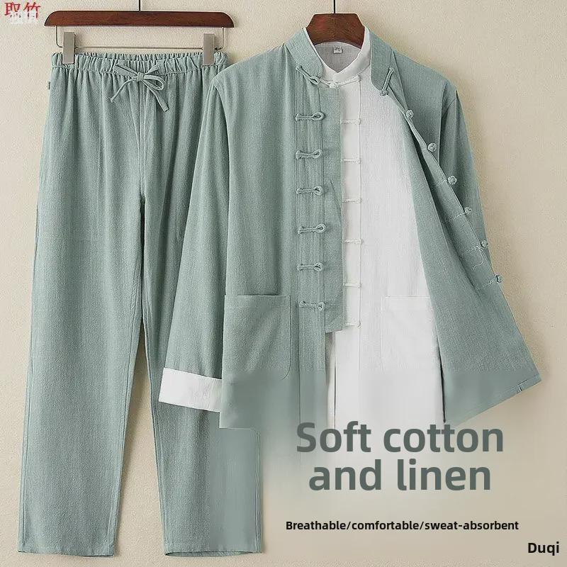 Костюм Тан Весна-Лето: Хлопково-льняной костюм-тройка в китайском стиле с воротником-стойкой на пуговицах