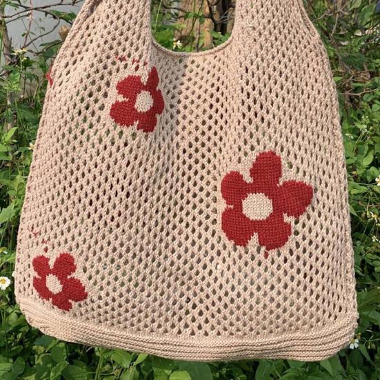 Вязаная пляжная сумка, ажурная тканая сумка через плечо с цветочным узором, сумка-тоут для повседневных выходов, праздников, шопинга на улице