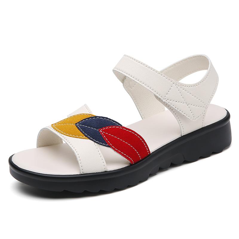 Women Beige Sandals Casual Soft Comfortable Flats Shoes Black Flower Simple Open Toe Sandals for Mother
