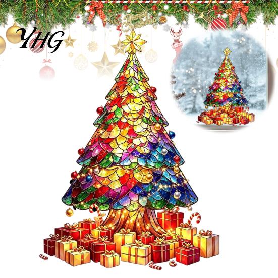 Reusable Holiday Window Film Stained Glass Style Christmas Tree Stickers, Removable PVC Static Cling Decals for Waterproof Seasonal Wall Art
