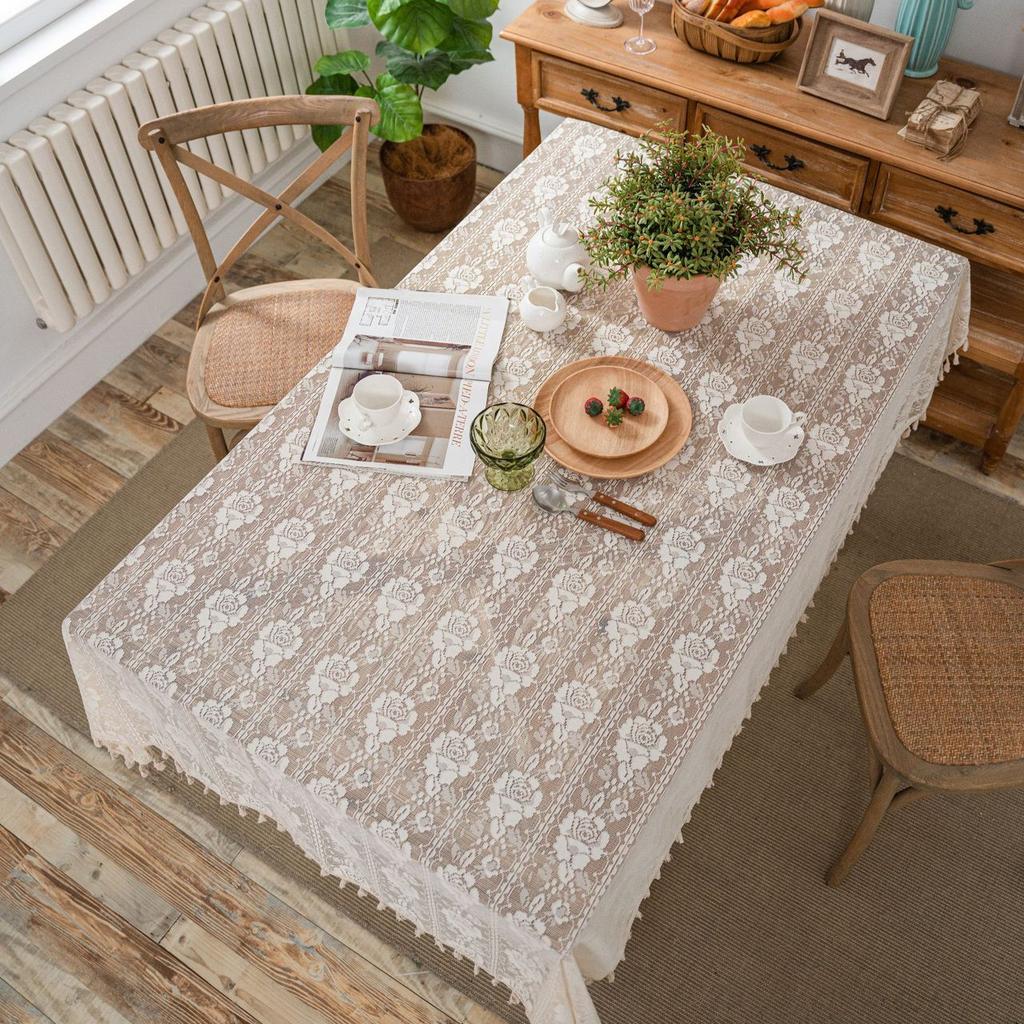 Bohemian Chic Crochet Lace Tablecloth, Farmhouse Style Vintage Hollow-Out Design Beige/Brown, Perfect for Kitchen Dining, Buffet Table, Holiday Dinner