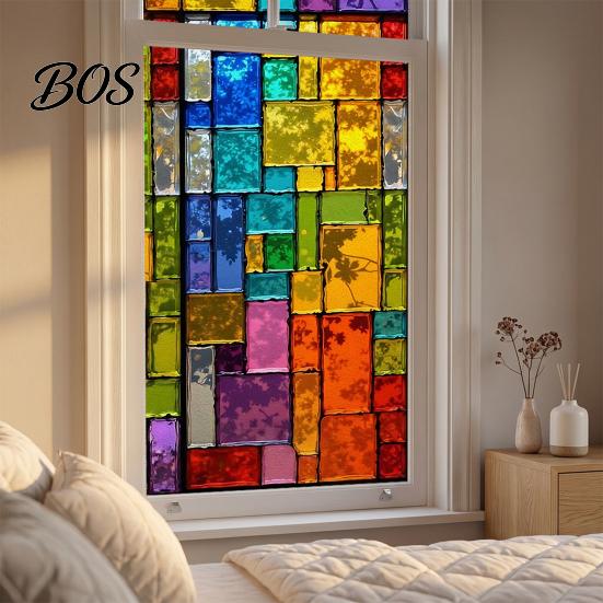 No Glue Window Sticker Static Cling Film, Full Blackout, Colorful Geometric Privacy UV Film Blocking, Reusable Heat Insulation for Home Office