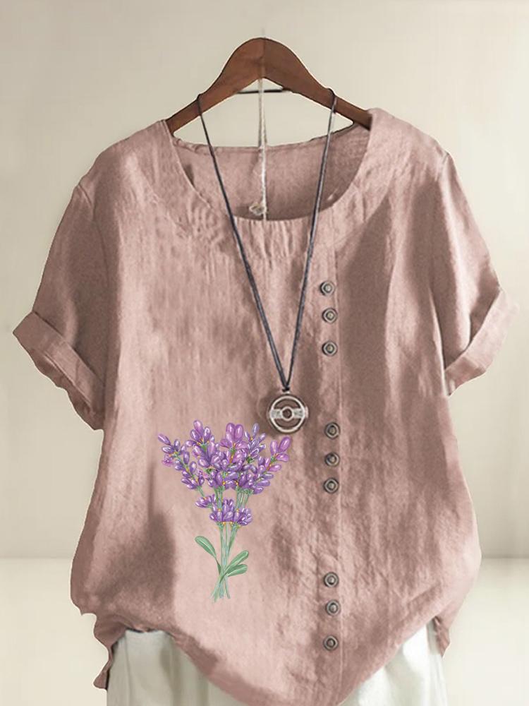 Women's Fashion Purple Bouquet Printing Shot Sleeve T-shirt Loose Cotton Shirt Casual Loose Summer Blouse Tops Plus Size