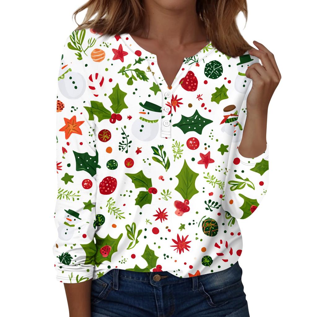 Women's Fashion Casual H Printed V-Neck Long Sleeve Decorative Button T-Shirt Tops