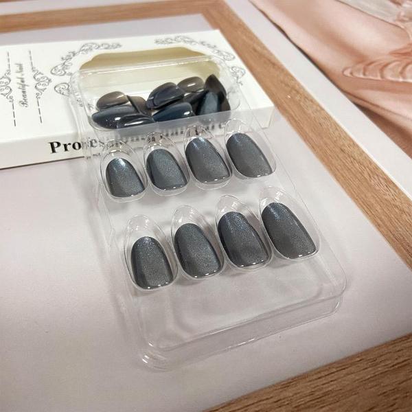 24 шт., серые кошачьи глаза, накладные ногти, средние глянцевые накладные ногти, блестящие акриловые накладки с полным покрытием, готовые кончики ногтей для женщин