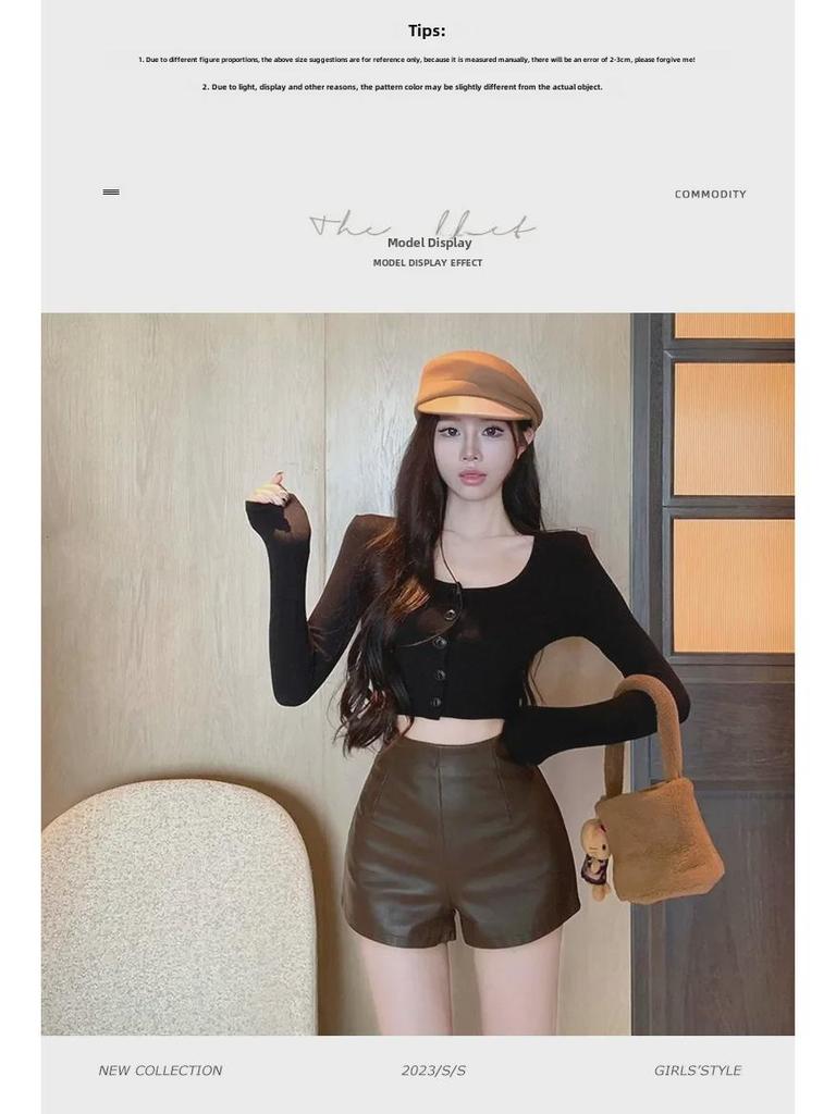 Женские шорты А-силуэта из черной кожи с высокой талией 2023 года 