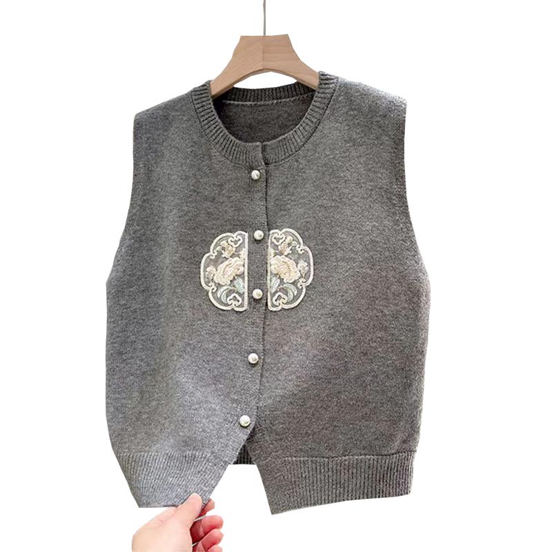 Новый топ-жилет ранней весной, новый женский винтажный вязаный жилет без рукавов с вышивкой и плечами Kam