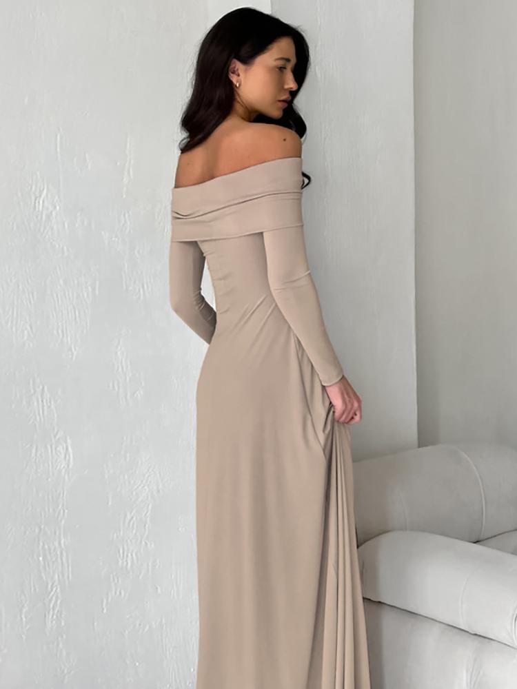 Осень-зима женское сексуальное платье макси с открытыми плечами, однотонное черное платье без бретелек с длинным рукавом для женщин, вечерние платья