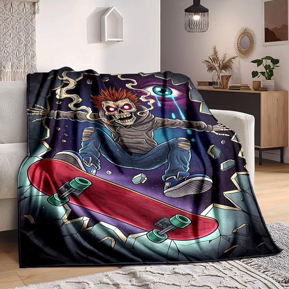 1pc Skateboarding Skeleton Blanket, Lightweight Flannel Throw Blanket for Sofa, Bed, Travel, Camping, Living Room, Office, Couch, Chair, and Bed