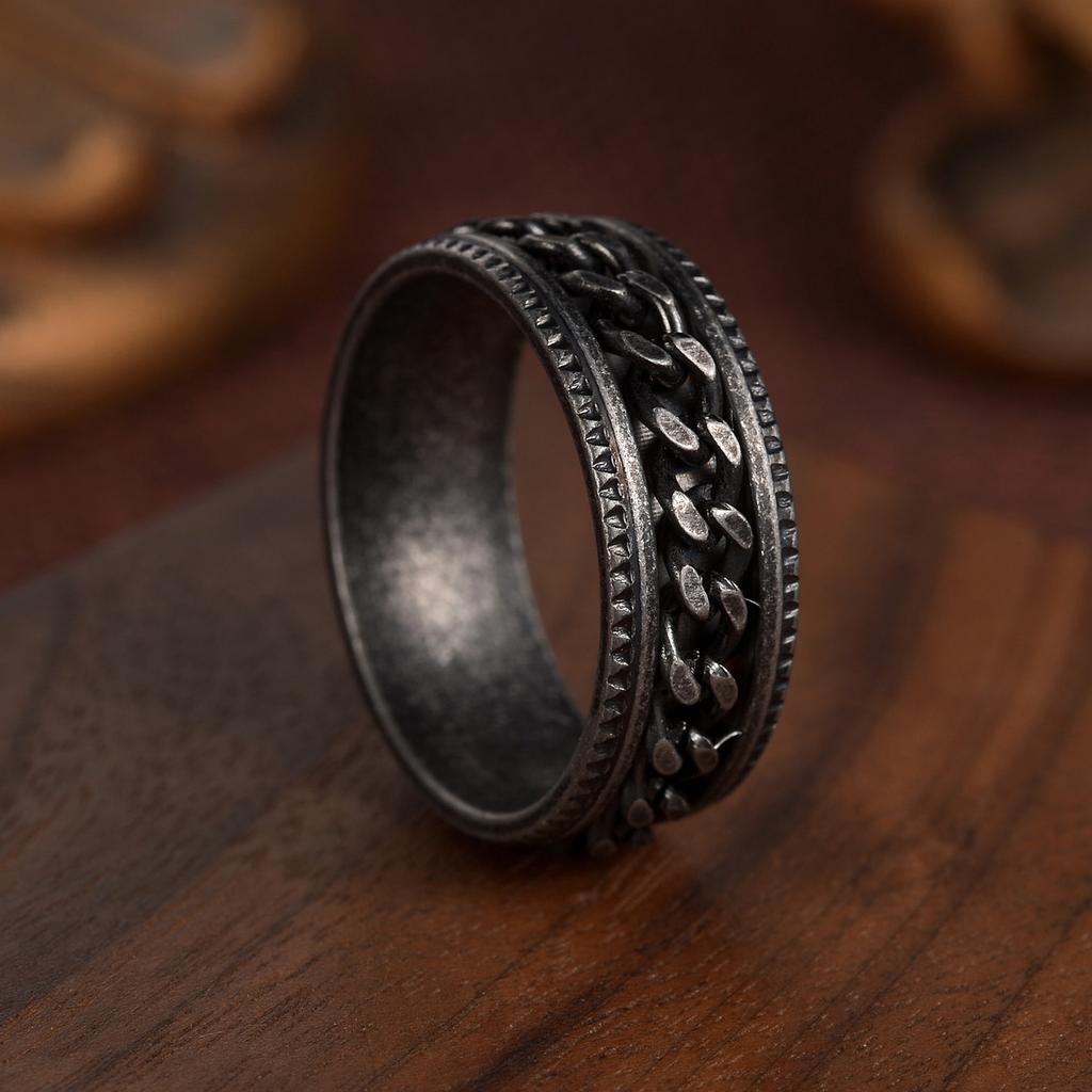 Vintage Anxiety Fidget Rings For Men Spining Titanium Stainless Steel Rotatable Chain Spinner Rings Retro Rock Biker Jewelry