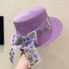Женская соломенная плетеная шляпа-цилиндр с короткими полями, летняя, кружевная, вышитая, фиолетовая, с плоским верхом, солнцезащитная и защищающая от солнца, соломенная шляпа