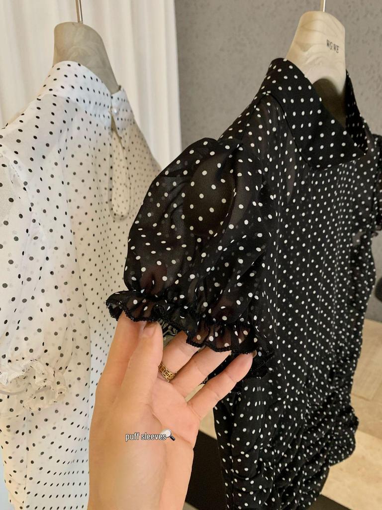 Polka Dot Short-Sleeve Shirt with Pleated Waist - Women's Spring/Summer Trendy Top