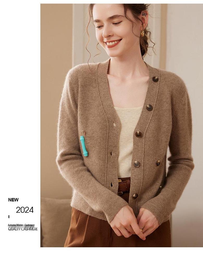Women's V-Neck Cashmere Cardigan - Loose Long Sleeve Knit with Button Design Inspired by Ejiā