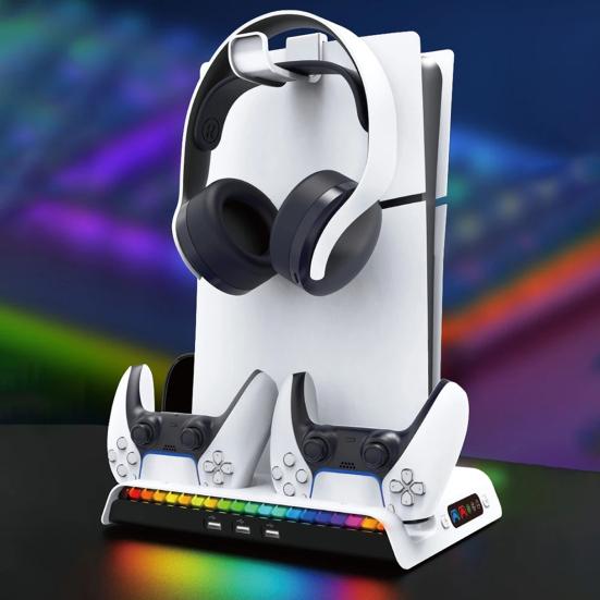 Охлаждающая станция Зарядная станция с двумя контроллерами 3 уровня охлаждающего вентилятора RGB-подсветка 3 порта USB2.0 с держателем для гарнитуры PS5 Slim