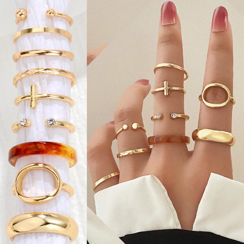 Золотое Роскошное Открытое Кольцо Простое Открытое Очарование Модное Кольцо 9-компонентное Кольцо Комбинация Глянцевый Вечерний Франк Женское Подарочное Кольцо Универсальный Комплект Ювелирных Изделий