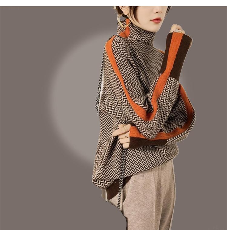 Lazy Loose Contrasting Color Sleeve All -wool High -necked Sweater Sweater Female Autumn and Winter Women