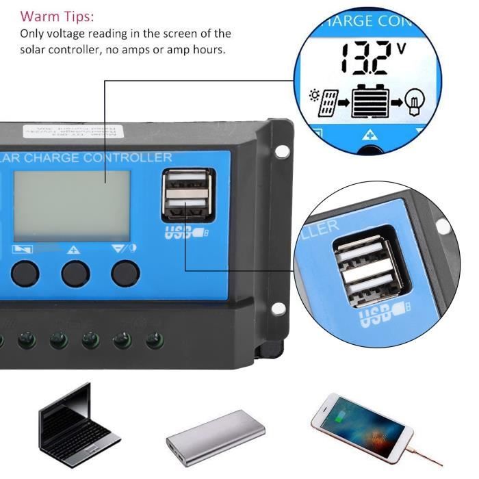 Duokon contrôleur solaire 30A Contrôleur de charge solaire LCD 30 A Identification automatique 12 V 24 V Contrôle PWM