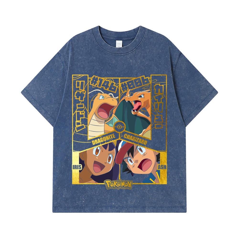 275 GSM Washed T-shirts 100% Cotton Pokemon V24 Dragonite Charizard Print Unisex Heavy Cotton T Shirt