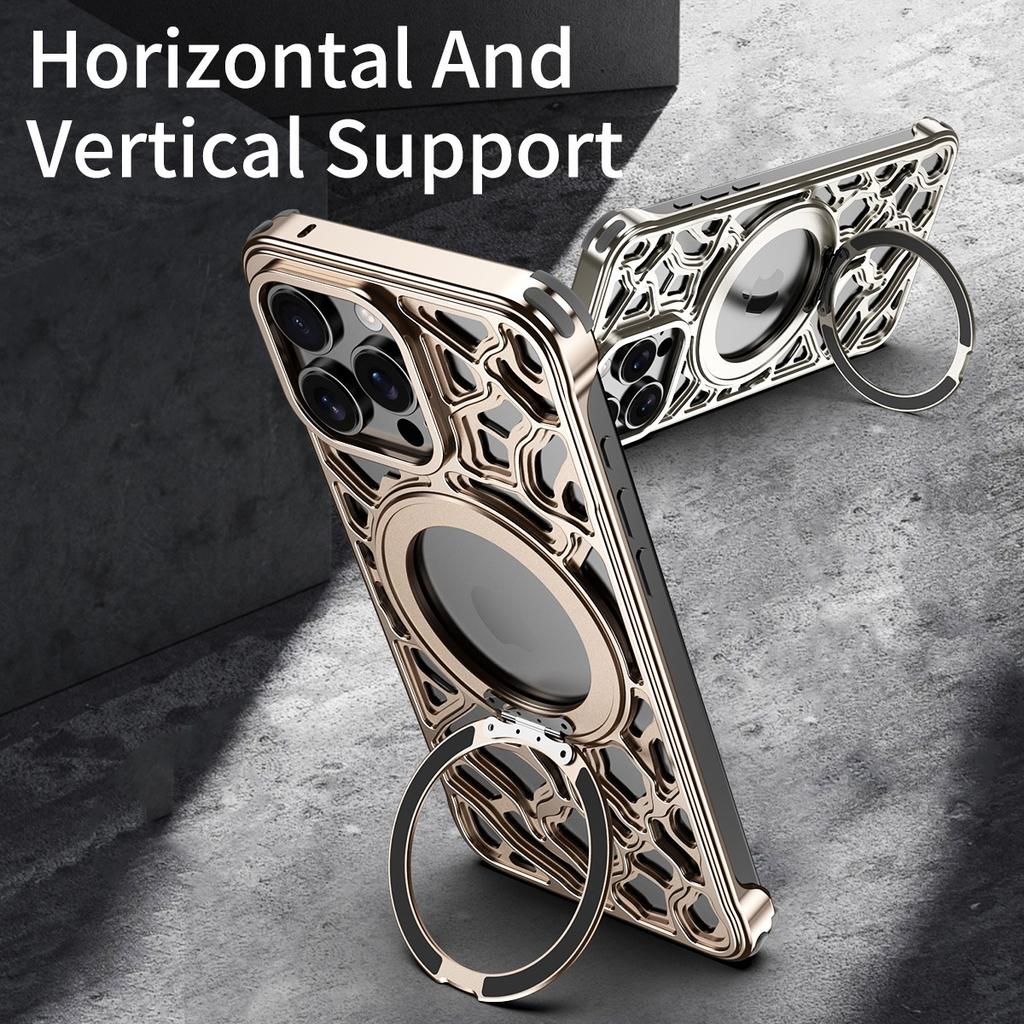 Бампер для iPhone 15 Pro Металлический сплав Безрамочная задняя крышка с магнитной подставкой