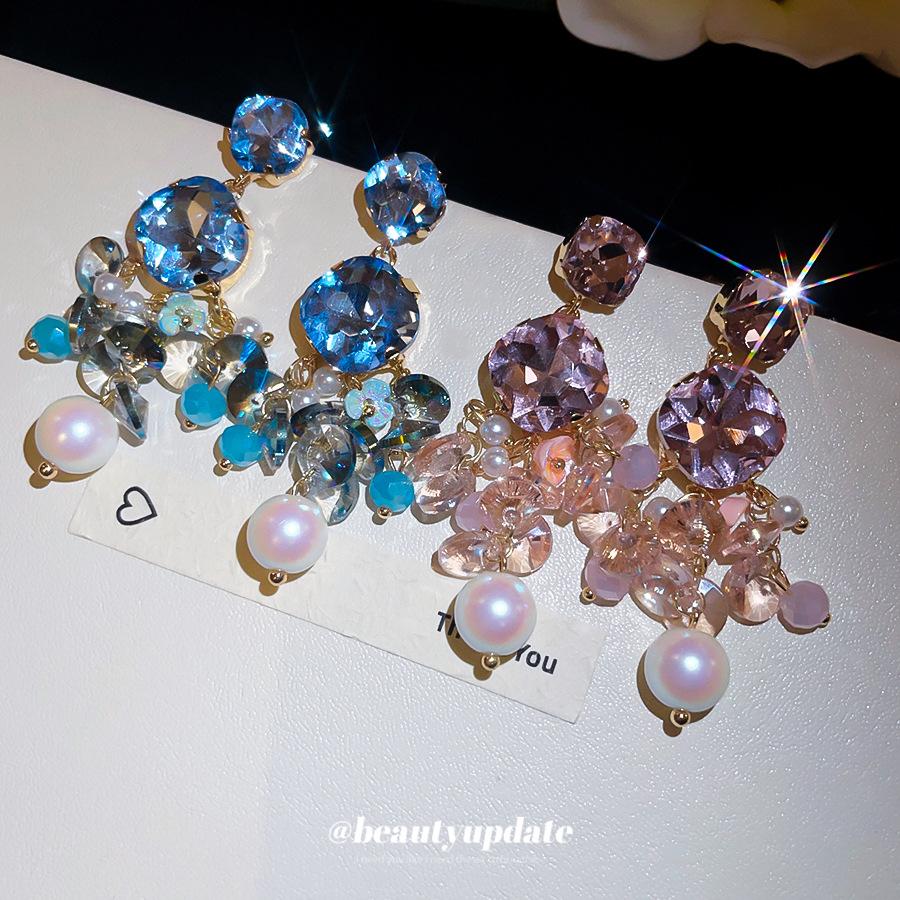 Silver Needle Dopamine Rhinestone Glass Pearl Resin Fringed Stud Earrings Ins Premium Sweet Niche Earrings