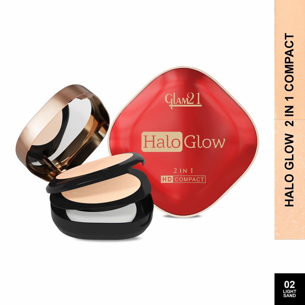 Glam21 Halo Glow 2-в-1 HD Компактная пудра | Матовые и мерцающие оттенки | Бархатисто-матовый и мягкое сияние | Контроль жирности, осветляющий и сияющий финиш | Enriche