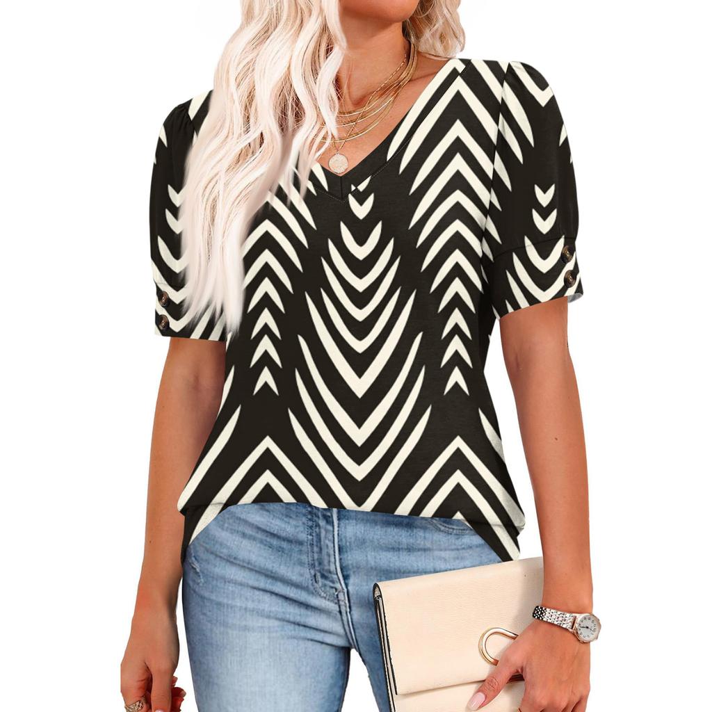 Женские топы с коротким рукавом, рубашки на пуговицах, V-образный вырез, модные наряды, блузки, повседневные