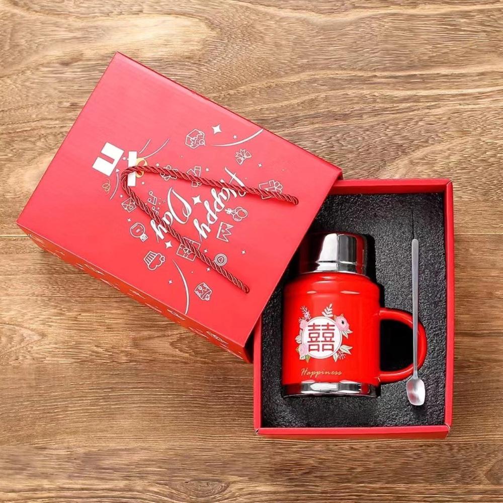 Vintage Double Happiness Kettle Mug with Lid Spoon Girls Ceramic Mug with Gift Box Packed Red Red Gift Box