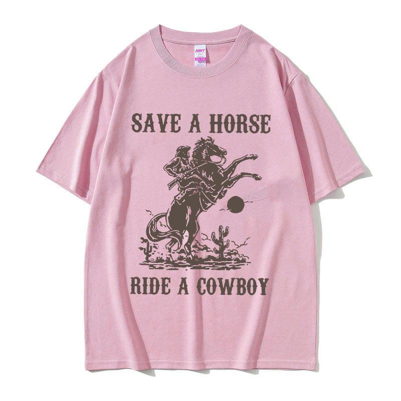 Peter Anor Save A Horse Ride A Cowboy Men's Pattern Print T-shirt Harajuku Retro Casual T-shirt 100% Pure Cotton Short Sleeve