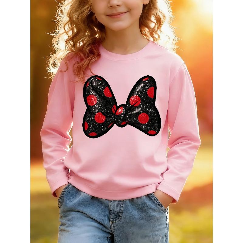 European sizes Kids Long Sleeve TShirt Cartoon Bow Print with Red Dots Glitter Elements Skinfriendly Soft Comfortable Breathable Daily Casual Wear