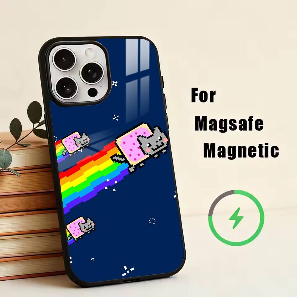 Милый N-Нян К-Кот Чехол для телефона для iPhone17,16,15,14,13,12,11 Plus,Pro Магнитный с беспроводной зарядкой Magsafe